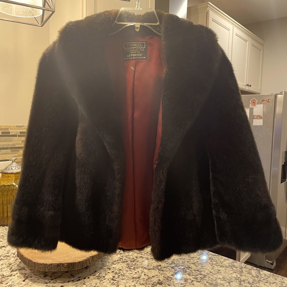 Vintage TISSAVEL FRANCE Faux Fur Cape/ Pancho Winter Coat With Pockets